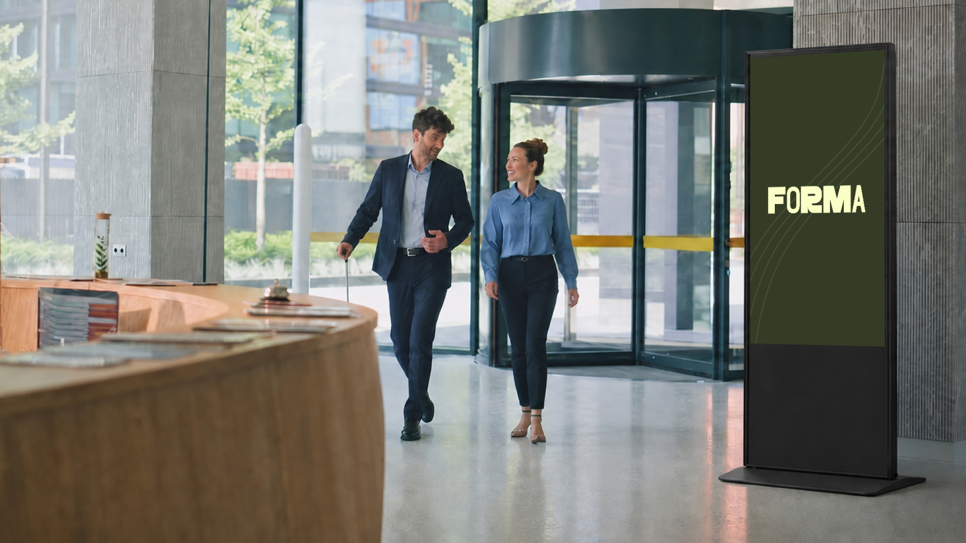 People moving through a modern office